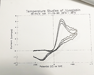 Figure 57b -Temperature studies of myoglobin (20mV/s) aja 11-15-93 25-35C